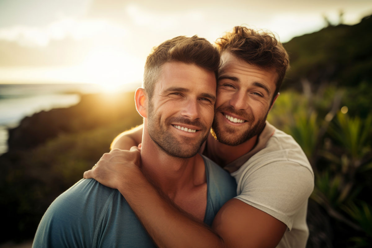 2 Caucasian men at sunset