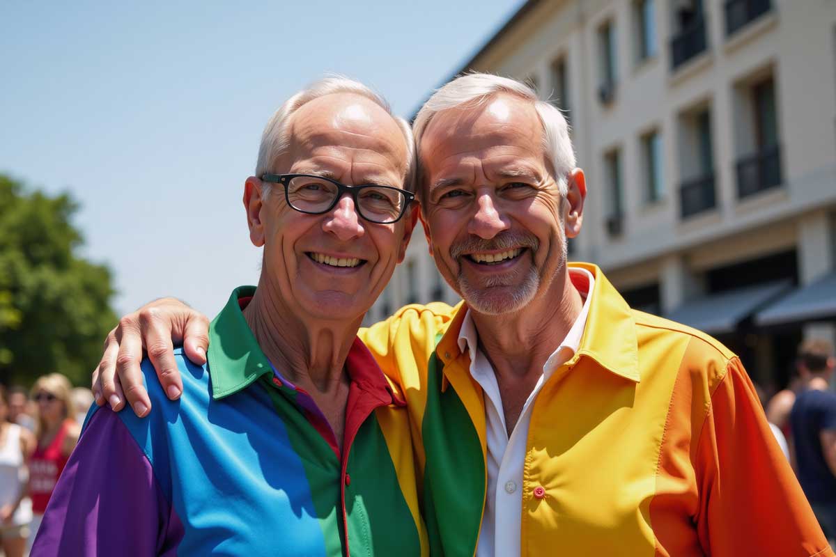 gay senior men in rainbow shirts