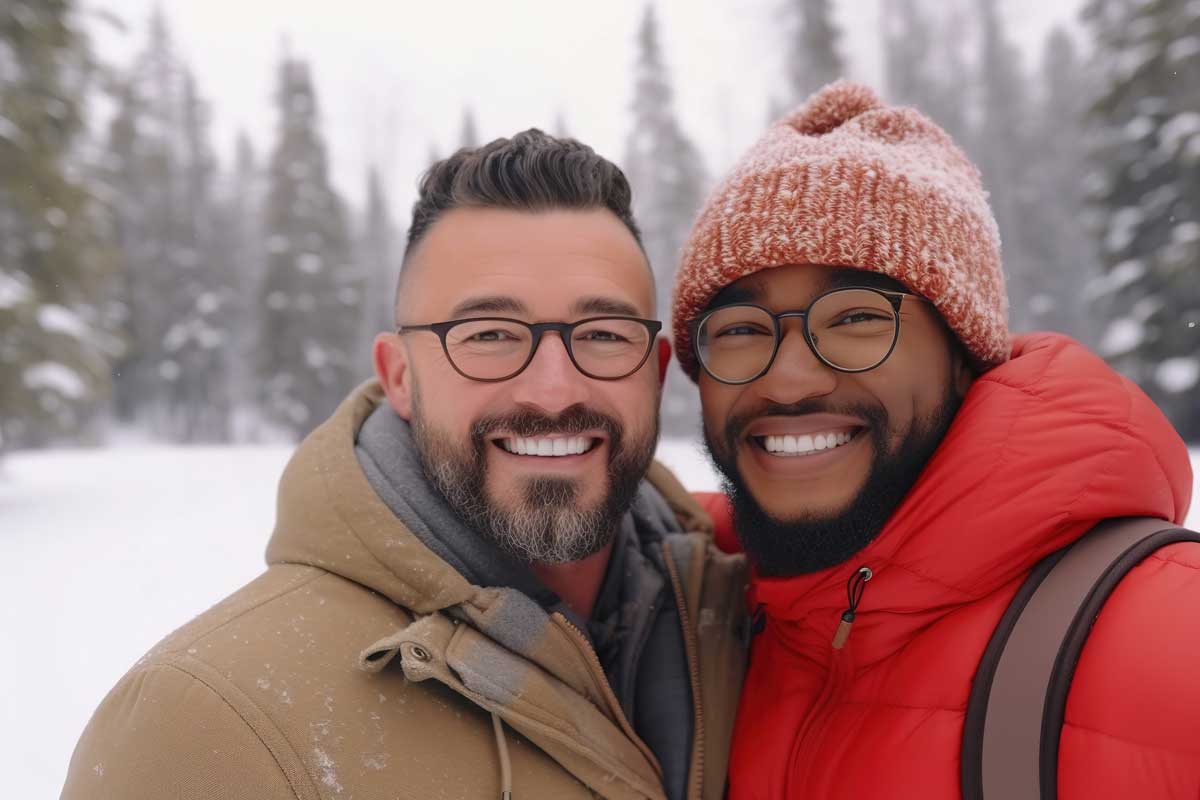 mixed race gay couple in winter